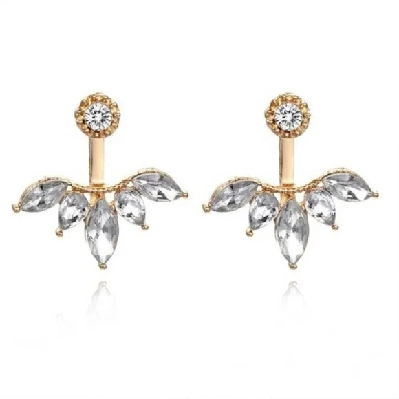 Minimalistic Crystal Gold Petal Stud Earrings - Picture 3 of 5
